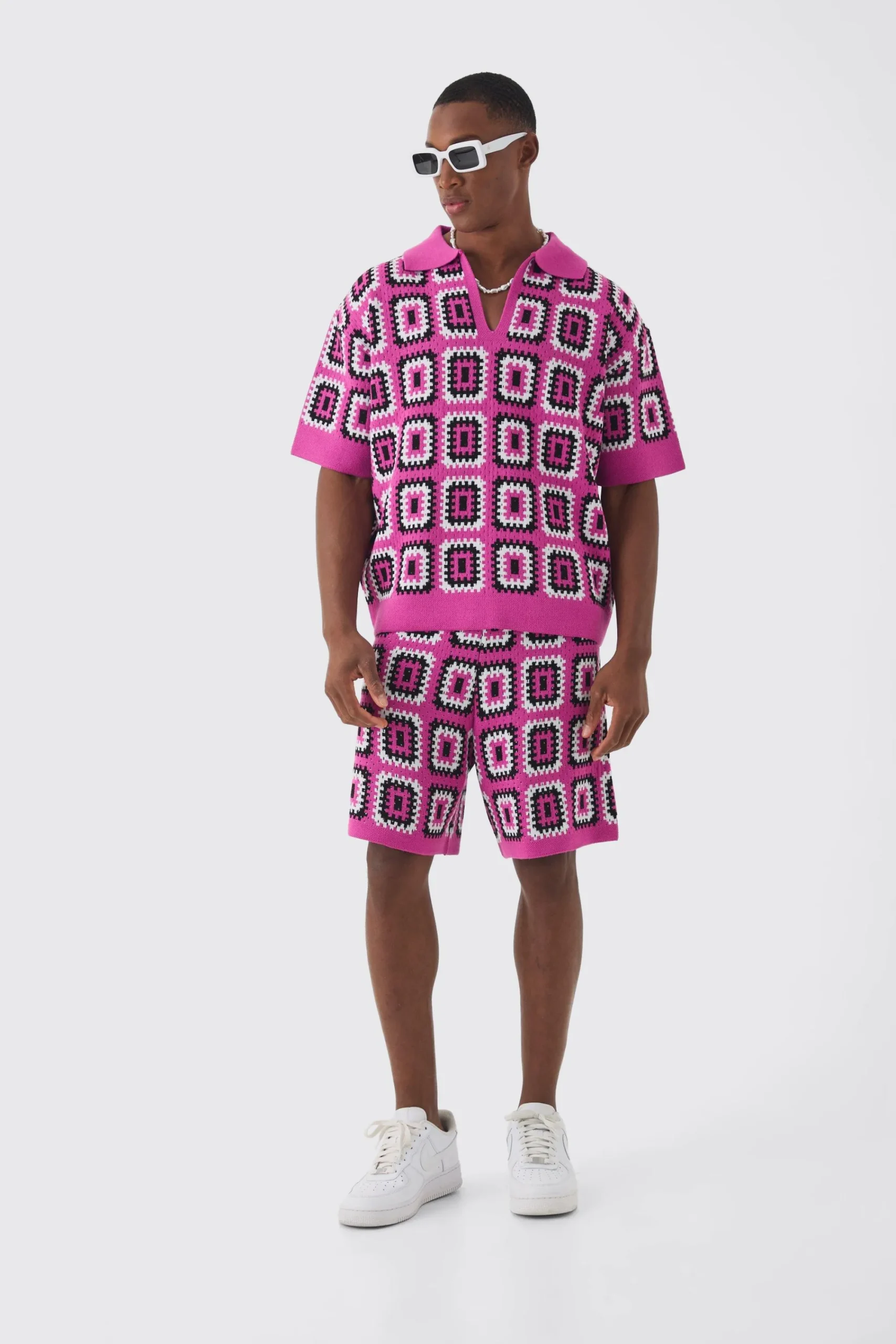 boohooMAN Oversized Boxy Crochet Knit Polo And Short Set | UK| Sets & Co-Ords|Tracksuits