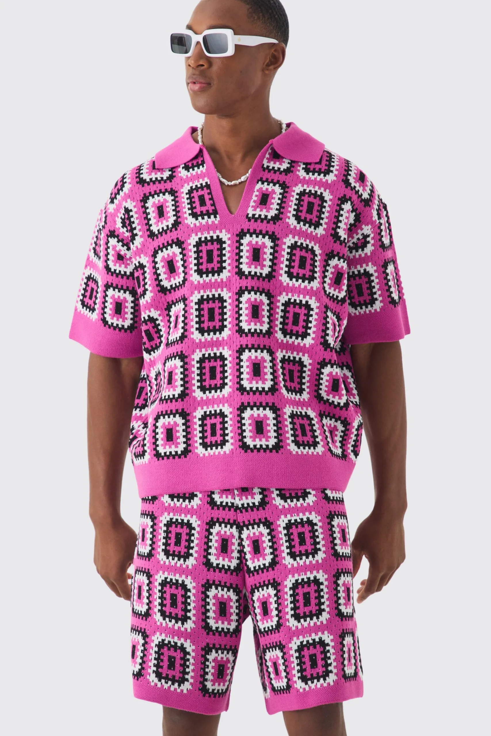 boohooMAN Oversized Boxy Crochet Knit Polo And Short Set | UK| Sets & Co-Ords|Tracksuits