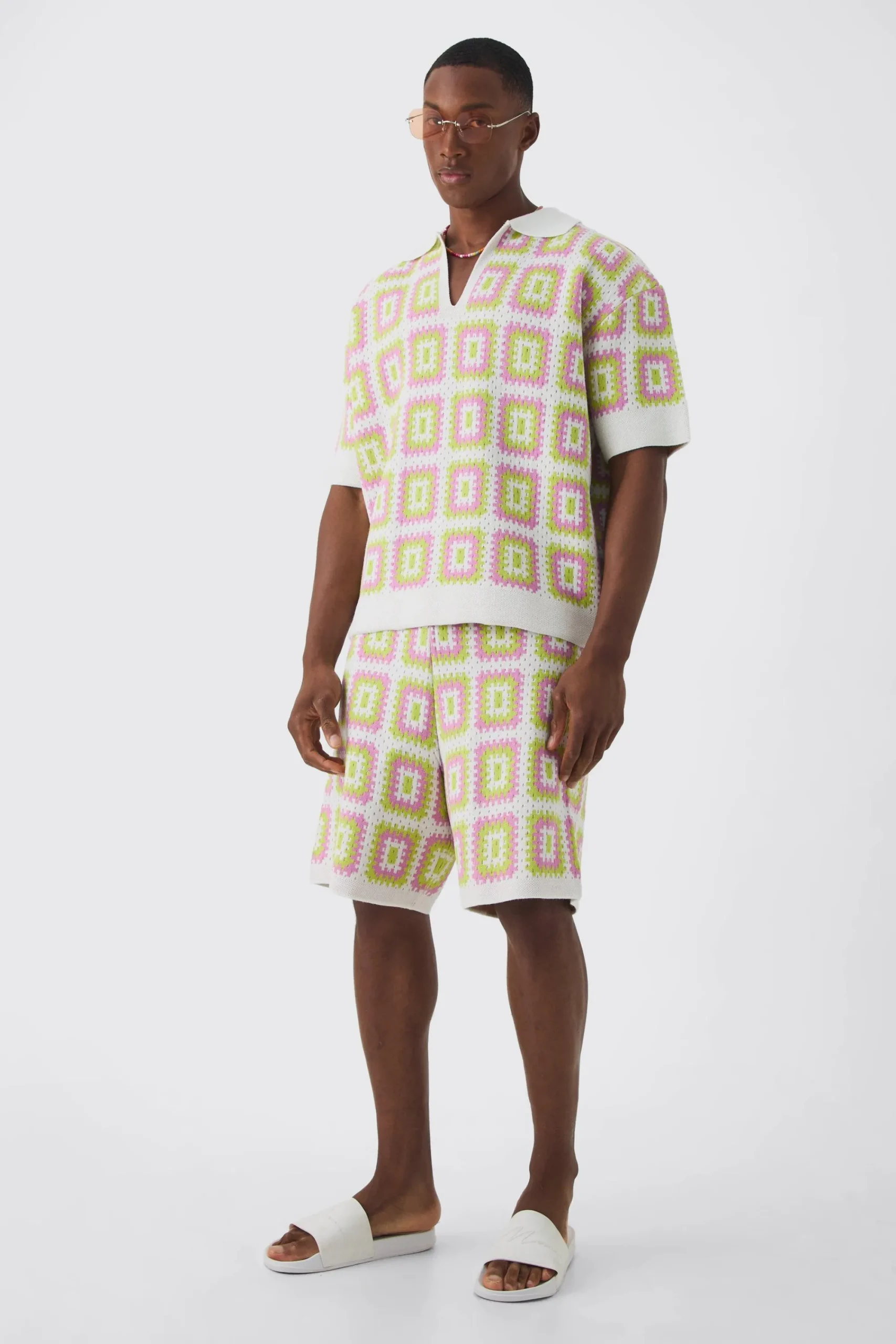 boohooMAN Oversized Boxy Crochet Knit Polo And Short Set | UK| Sets & Co-Ords|Tracksuits