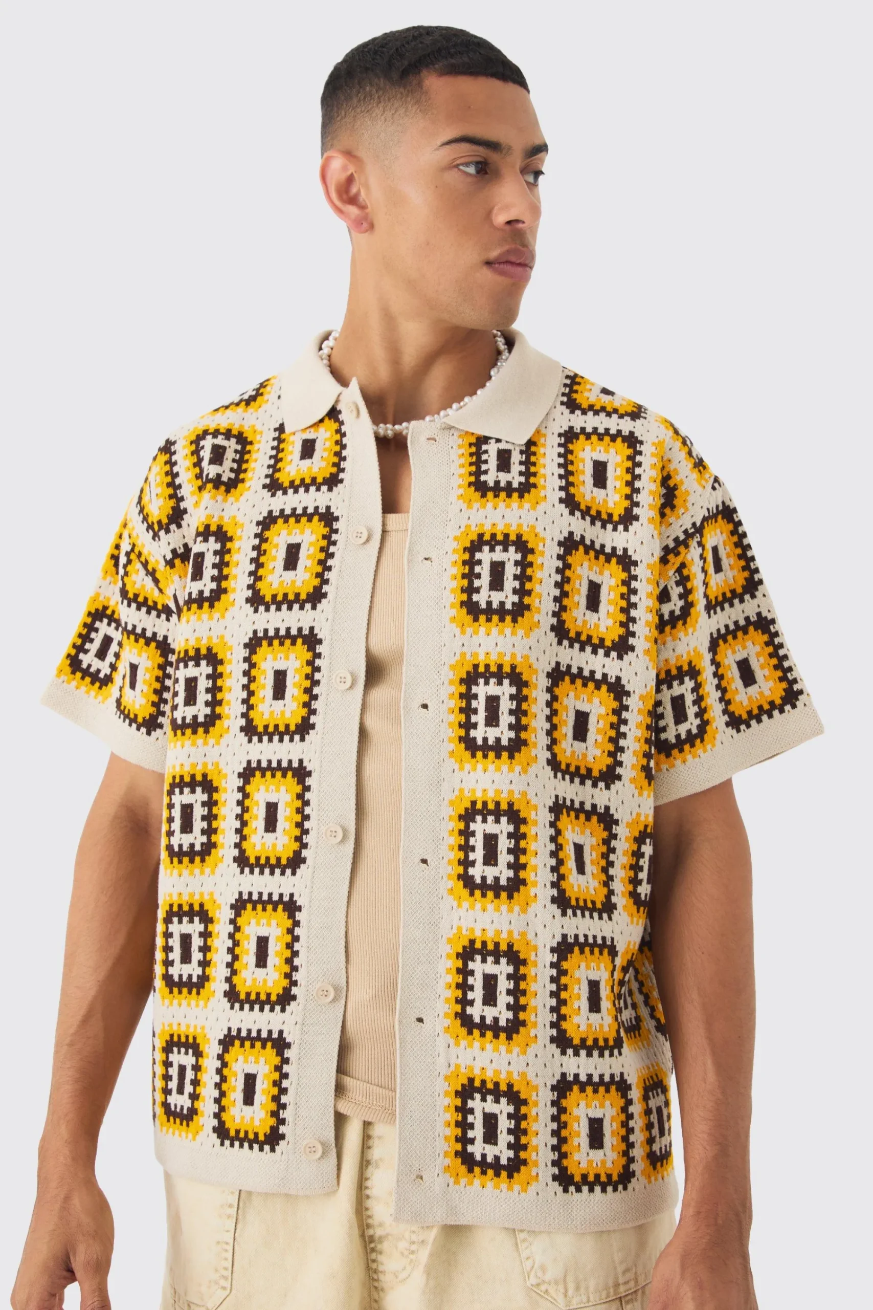 boohooMAN Oversized Boxy Crochet Knit Shirt | UK| Shirts