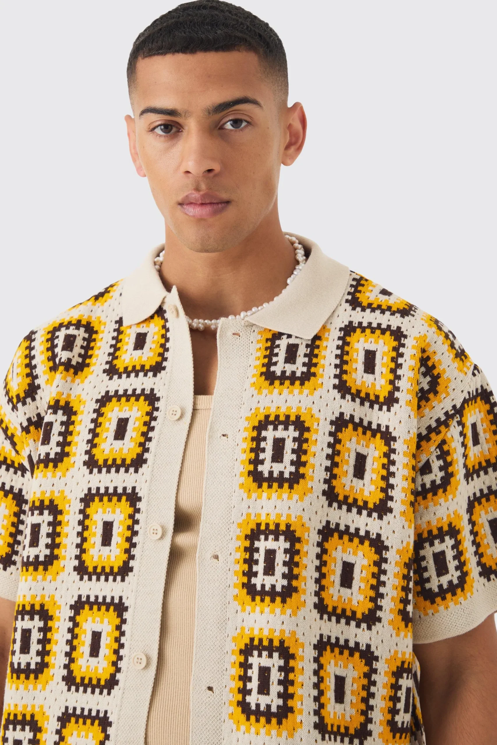 boohooMAN Oversized Boxy Crochet Knit Shirt | UK| Shirts