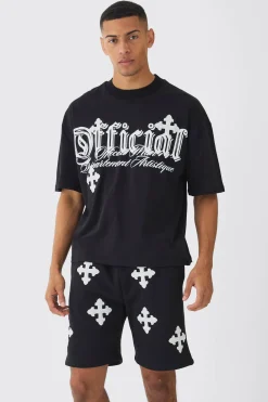 boohooMAN Oversized Boxy Cross Applique Distressed T-shirt And Short Set | UK| Sets & Co-Ords|Tracksuits