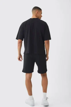 boohooMAN Oversized Boxy Cross Applique Distressed T-shirt And Short Set | UK| Sets & Co-Ords|Tracksuits