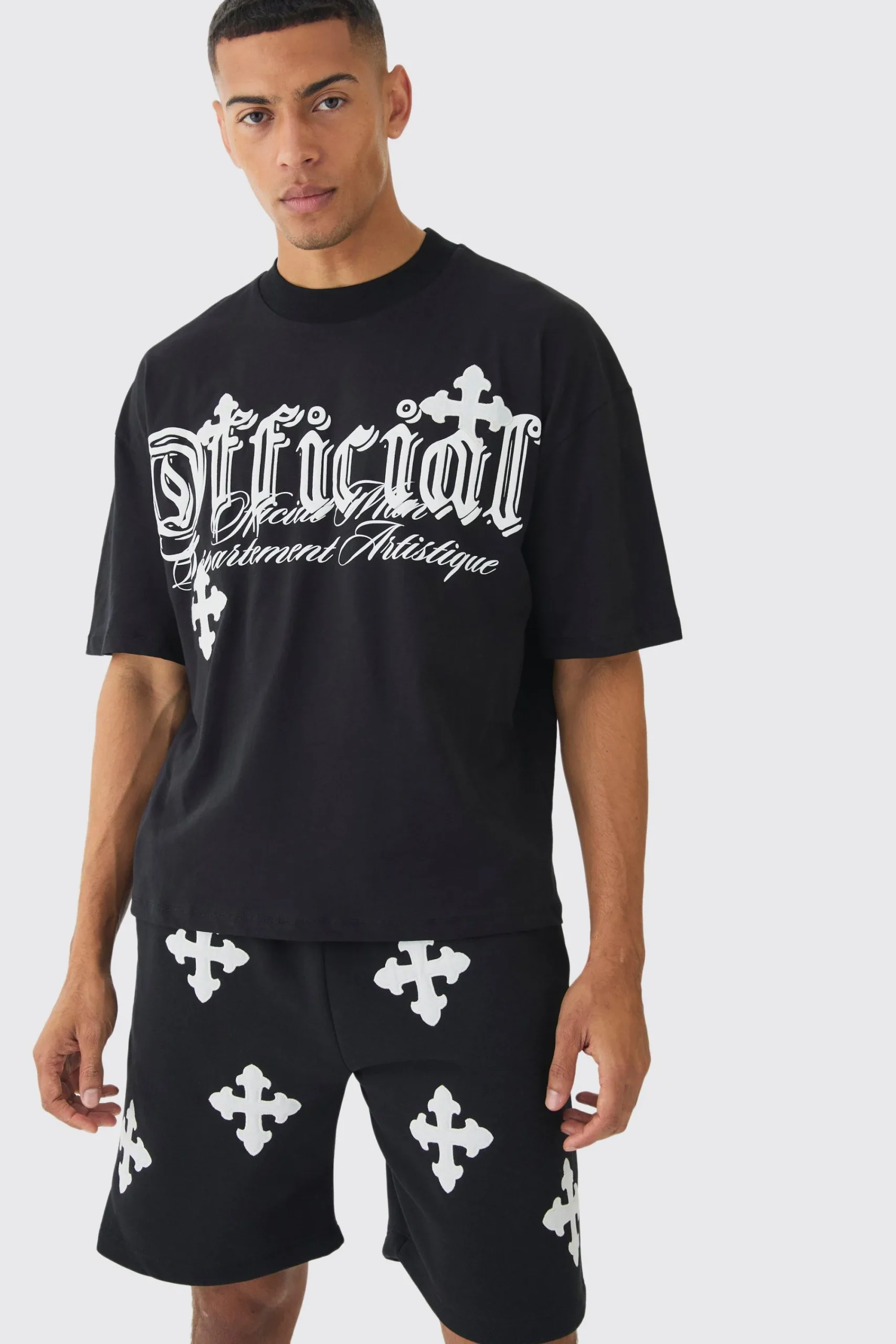 boohooMAN Oversized Boxy Cross Applique Distressed T-shirt And Short Set | UK| Sets & Co-Ords|Tracksuits