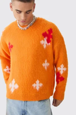 boohooMAN Oversized Boxy Cross Brushed Knitted Jumper | UK| Knitwear