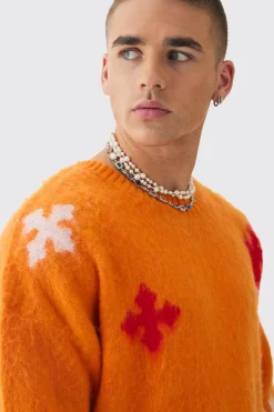 boohooMAN Oversized Boxy Cross Brushed Knitted Jumper | UK| Knitwear