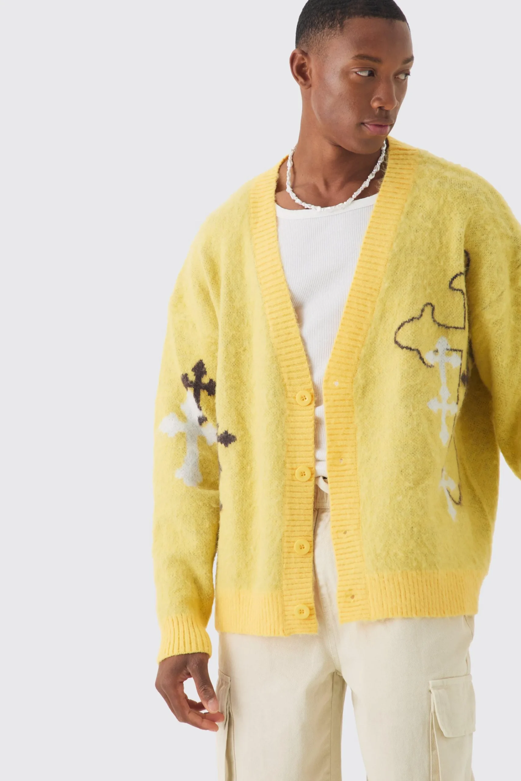 boohooMAN Oversized Boxy Cross Brushed Knitted Cardigan | UK| Knitwear