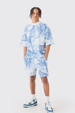boohooMAN Oversized Boxy Denim Printed Waffle T-shirt & Shorts Set | UK| Sets & Co-Ords|Tracksuits