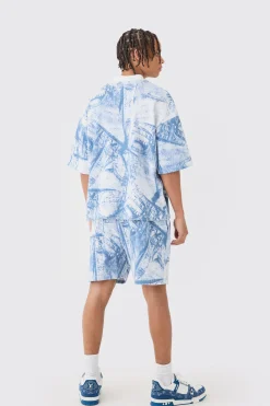 boohooMAN Oversized Boxy Denim Printed Waffle T-shirt & Shorts Set | UK| Sets & Co-Ords|Tracksuits