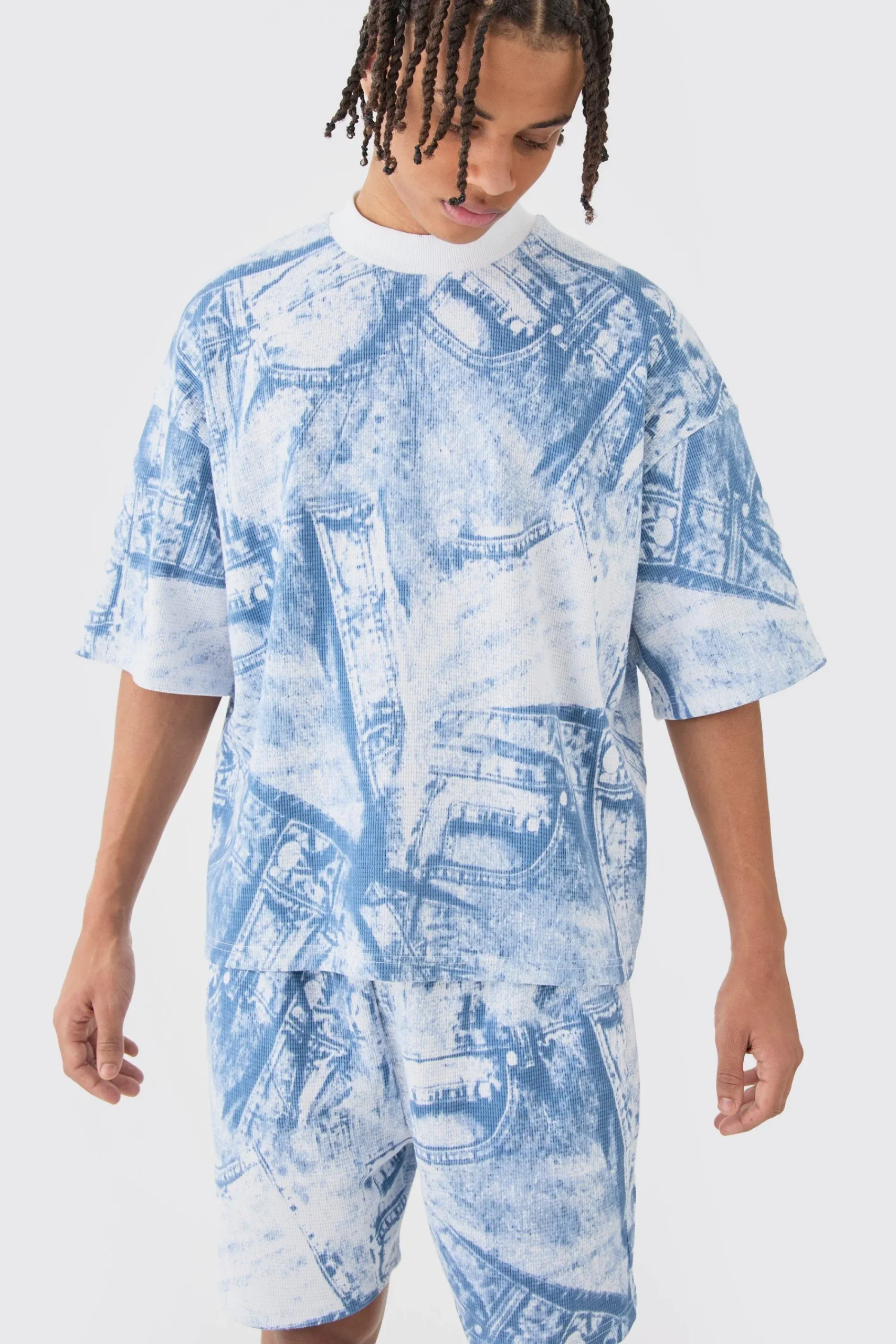 boohooMAN Oversized Boxy Denim Printed Waffle T-shirt & Shorts Set | UK| Sets & Co-Ords|Tracksuits