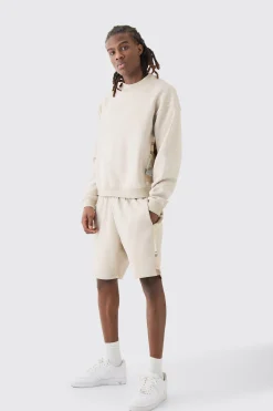 boohooMAN Oversized Boxy Extended Neck Camo Panel Shorts Tracksuit | UK| Tracksuits