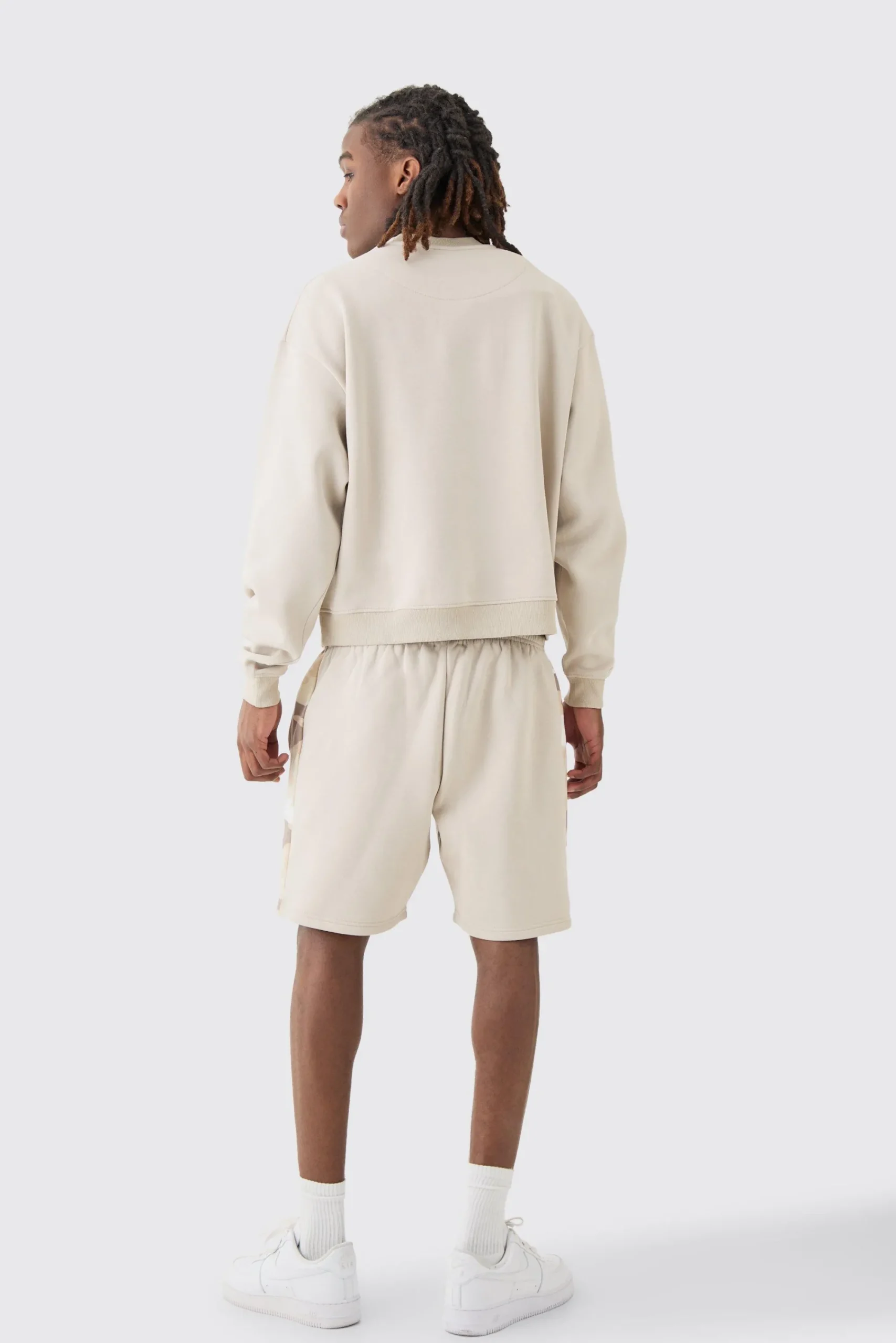 boohooMAN Oversized Boxy Extended Neck Camo Panel Shorts Tracksuit | UK| Tracksuits