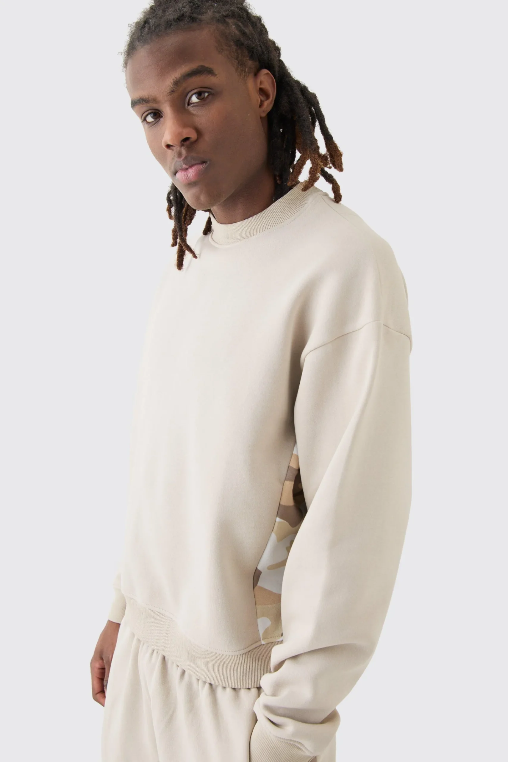 boohooMAN Oversized Boxy Extended Neck Camo Panel Shorts Tracksuit | UK| Tracksuits