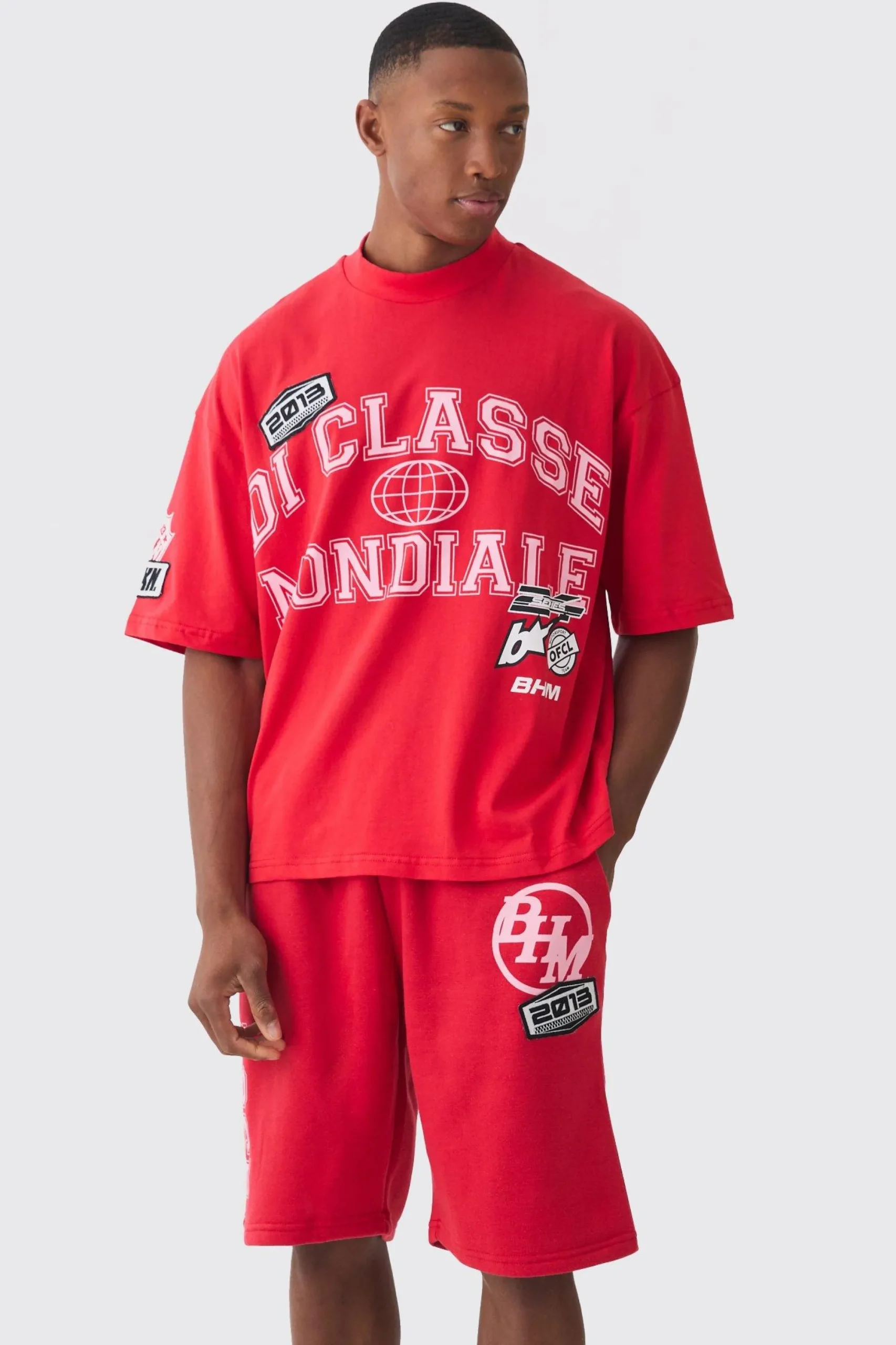 boohooMAN Oversized Boxy Extended Neck Applique T-shirt & Short Set | UK| Sets & Co-Ords|Tracksuits