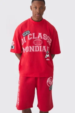 boohooMAN Oversized Boxy Extended Neck Applique T-shirt & Short Set | UK| Sets & Co-Ords|Tracksuits
