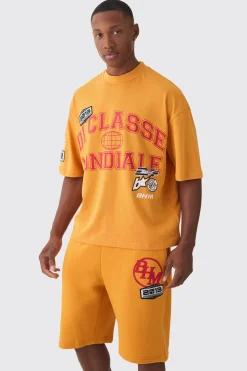 boohooMAN Oversized Boxy Extended Neck Applique T-shirt & Short Set | UK| Sets & Co-Ords|Tracksuits