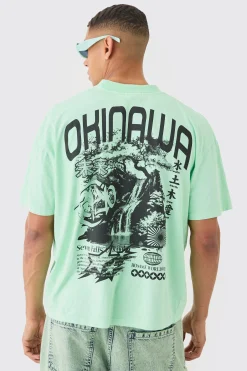 Oversized Boxy Extended Neck Okinawa Print Wash T-shirt | UK^boohooMAN