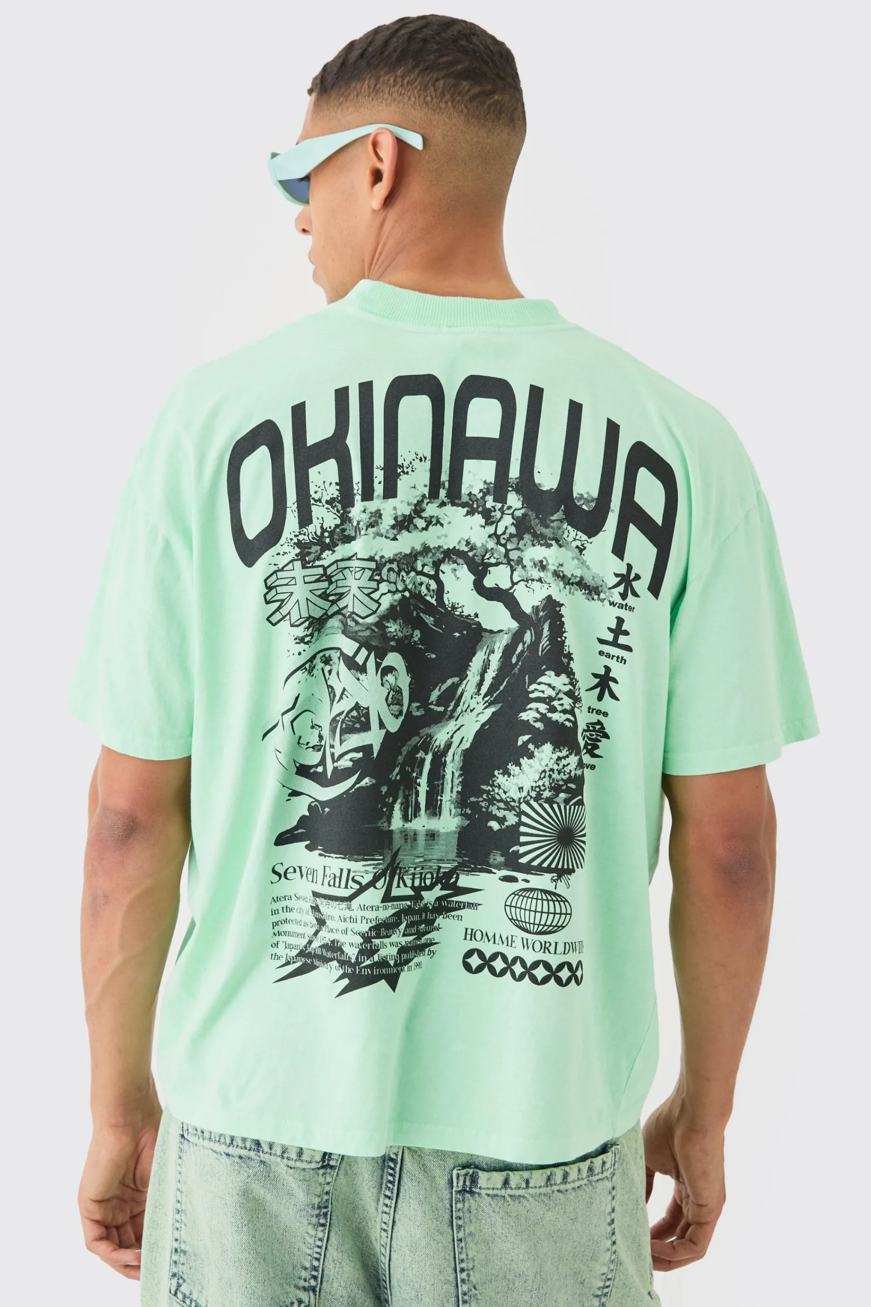 Oversized Boxy Extended Neck Okinawa Print Wash T-shirt | UK^boohooMAN