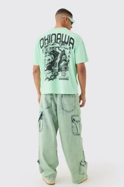 Oversized Boxy Extended Neck Okinawa Print Wash T-shirt | UK^boohooMAN