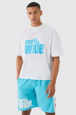 boohooMAN Oversized Boxy Extended Neck Worldwide T-shirt Mesh Shorts Set | UK| Sets & Co-Ords|Tracksuits