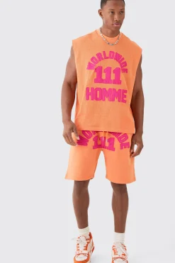 Oversized Boxy Extended Waffle Applique Tank & Shorts Set | UK^boohooMAN Online