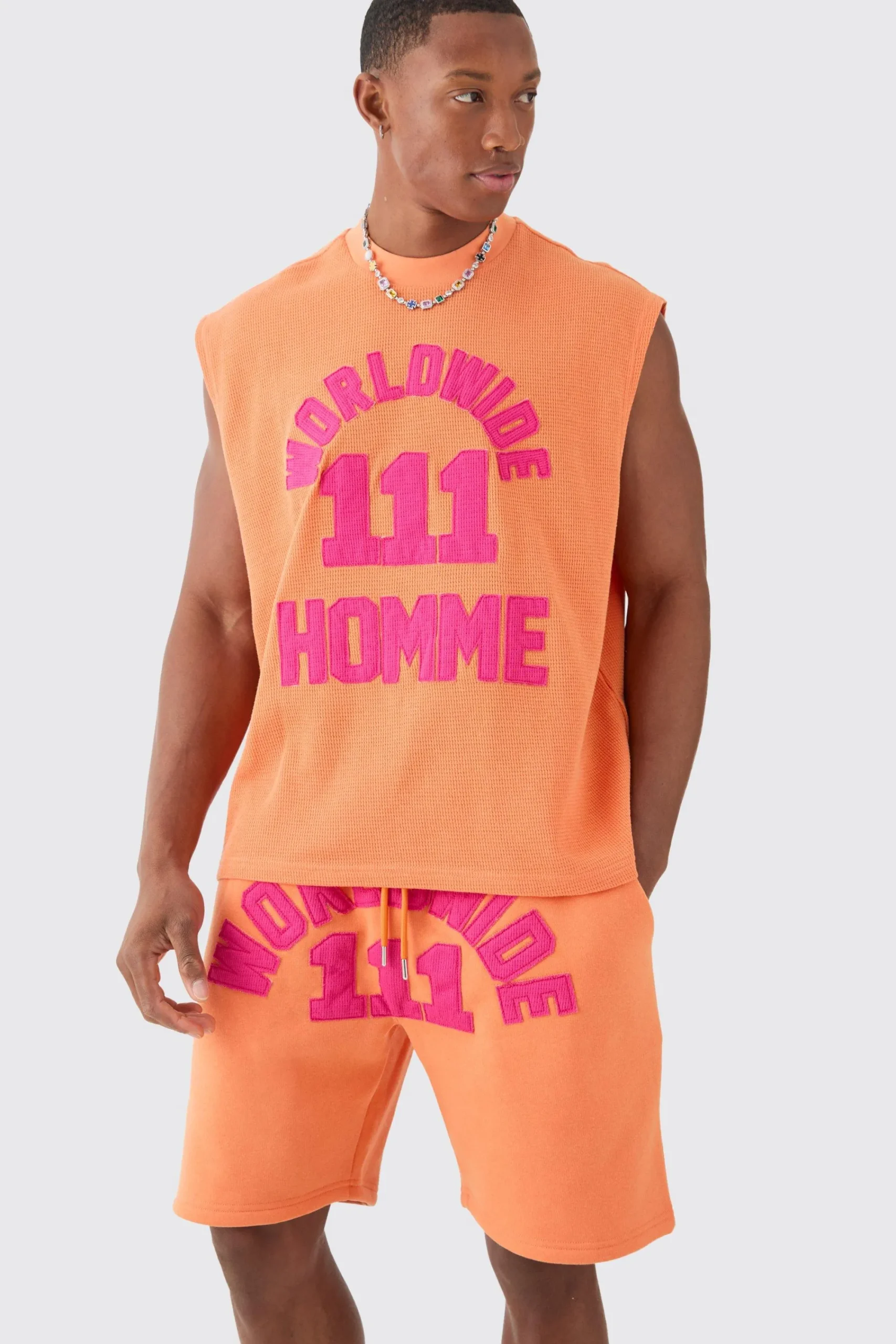 Oversized Boxy Extended Waffle Applique Tank & Shorts Set | UK^boohooMAN Online
