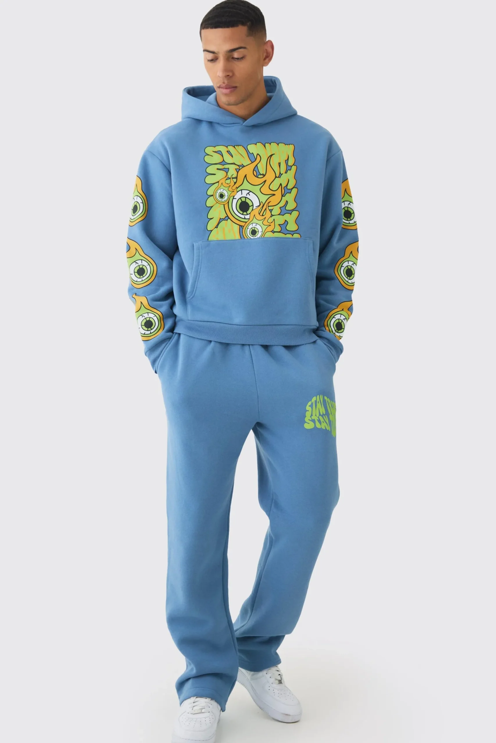 boohooMAN Oversized Boxy Eye Puff Print Graphic Hooded Tracksuit | UK| Tracksuits