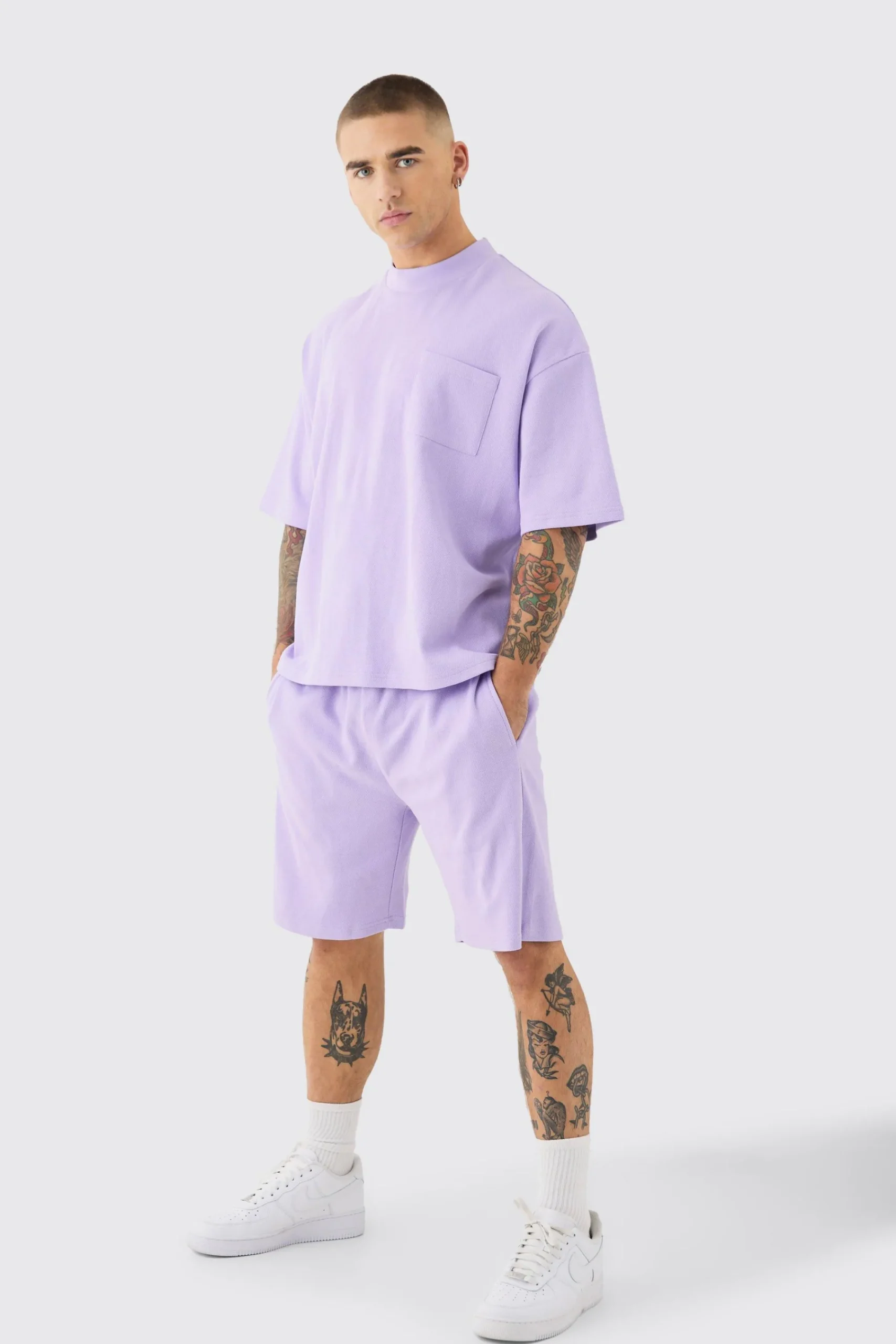 boohooMAN Oversized Boxy Fit Double Knit Mesh T-shirt & Short Set | UK| Sets & Co-Ords|Tracksuits