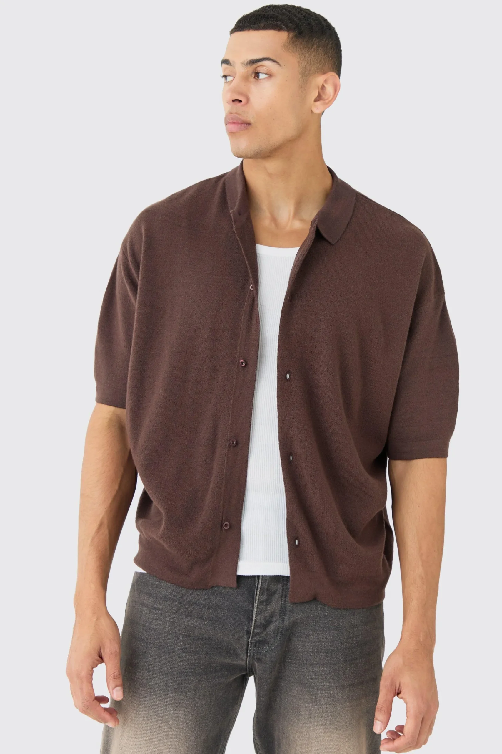 boohooMAN Oversized Boxy Fit Short Sleeve Knitted Shirt | UK| Shirts|Knitwear