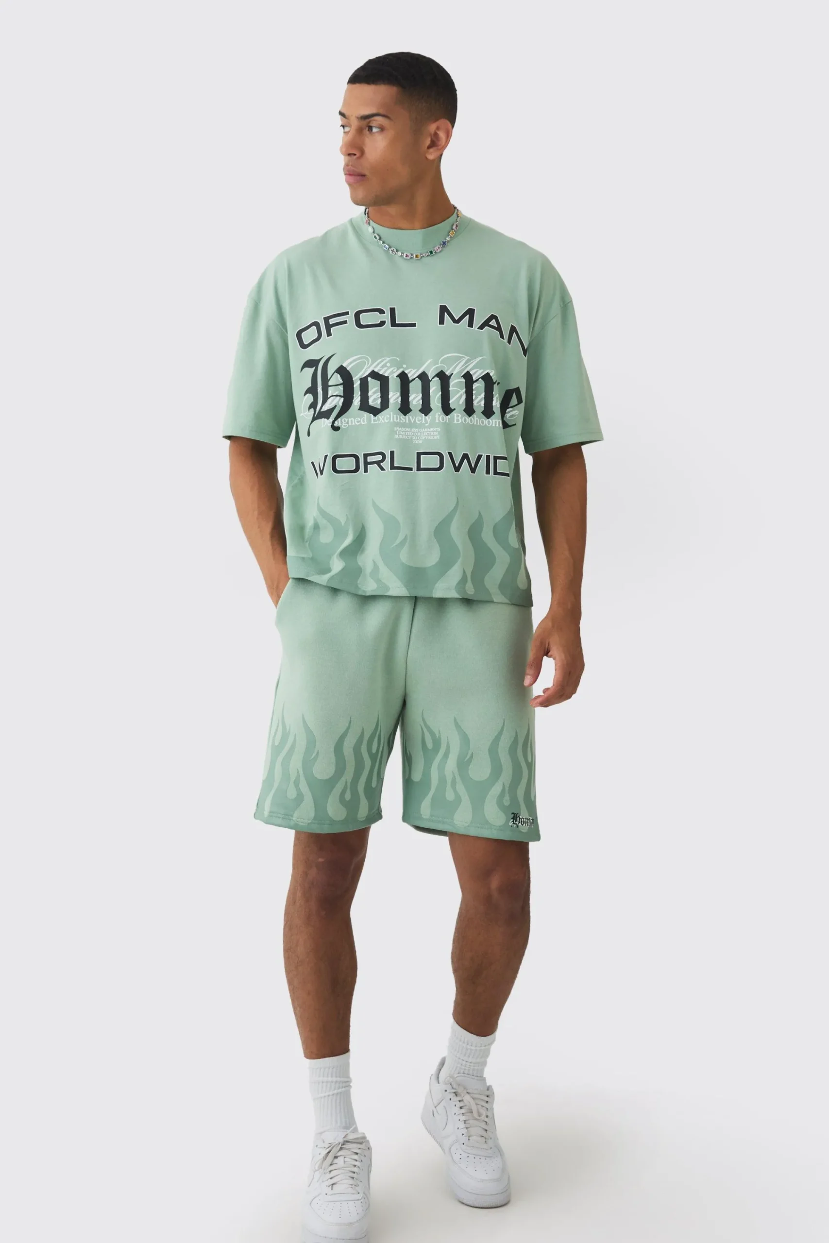 boohooMAN Oversized Boxy Flame Printed T-shirt And Short Set | UK| Sets & Co-Ords|Tracksuits