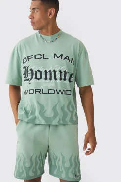 boohooMAN Oversized Boxy Flame Printed T-shirt And Short Set | UK| Sets & Co-Ords|Tracksuits