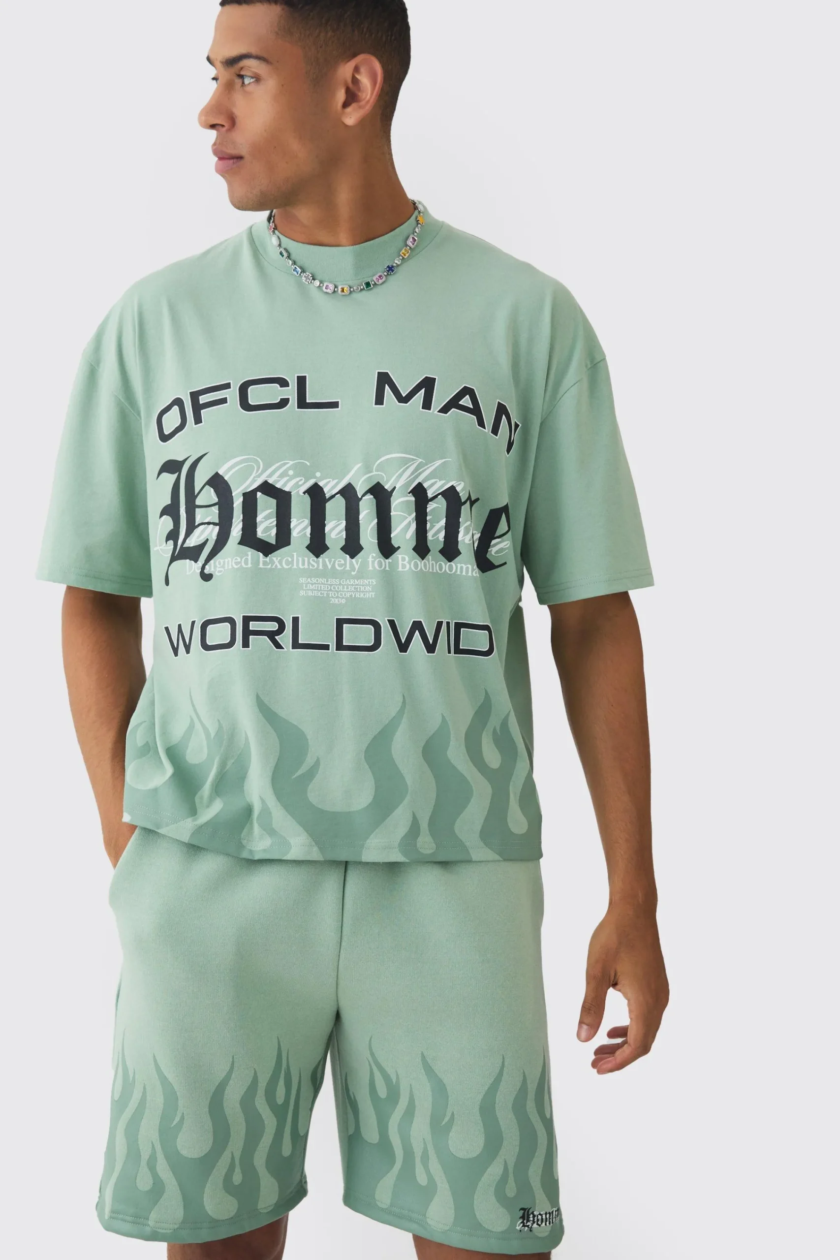 boohooMAN Oversized Boxy Flame Printed T-shirt And Short Set | UK| Sets & Co-Ords|Tracksuits