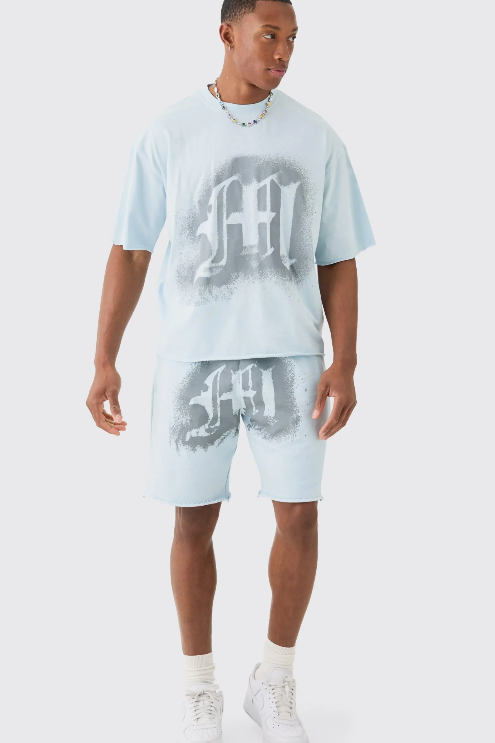 boohooMAN Oversized Boxy Graffiti Spray Graphic Raw Hem T-shirt Set | UK| Sets & Co-Ords|Tracksuits