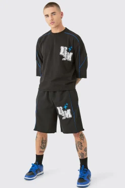 boohooMAN Oversized Boxy Half Sleeve BM Print Raw Hem T-shirt Set | UK| Sets & Co-Ords|Tracksuits