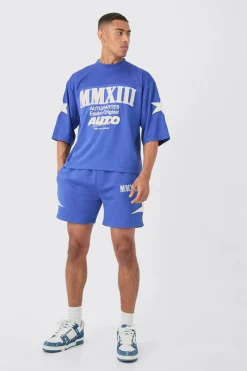 boohooMAN Oversized Boxy Half Sleeve Applique Moto T-shirt & Short Set | UK| Sets & Co-Ords|Tracksuits