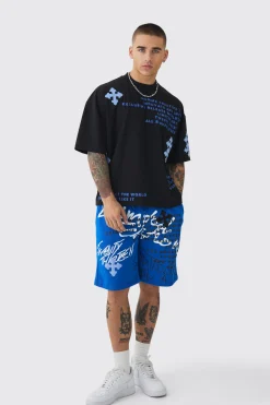 boohooMAN Oversized Boxy Half Sleeve Cross Applique T-shirt & Short Set | UK| Sets & Co-Ords|Tracksuits