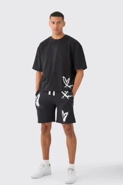 boohooMAN Oversized Boxy Heart Print T-shirt And Short Set | UK| Sets & Co-Ords|Tracksuits