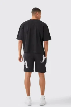 boohooMAN Oversized Boxy Heart Print T-shirt And Short Set | UK| Sets & Co-Ords|Tracksuits