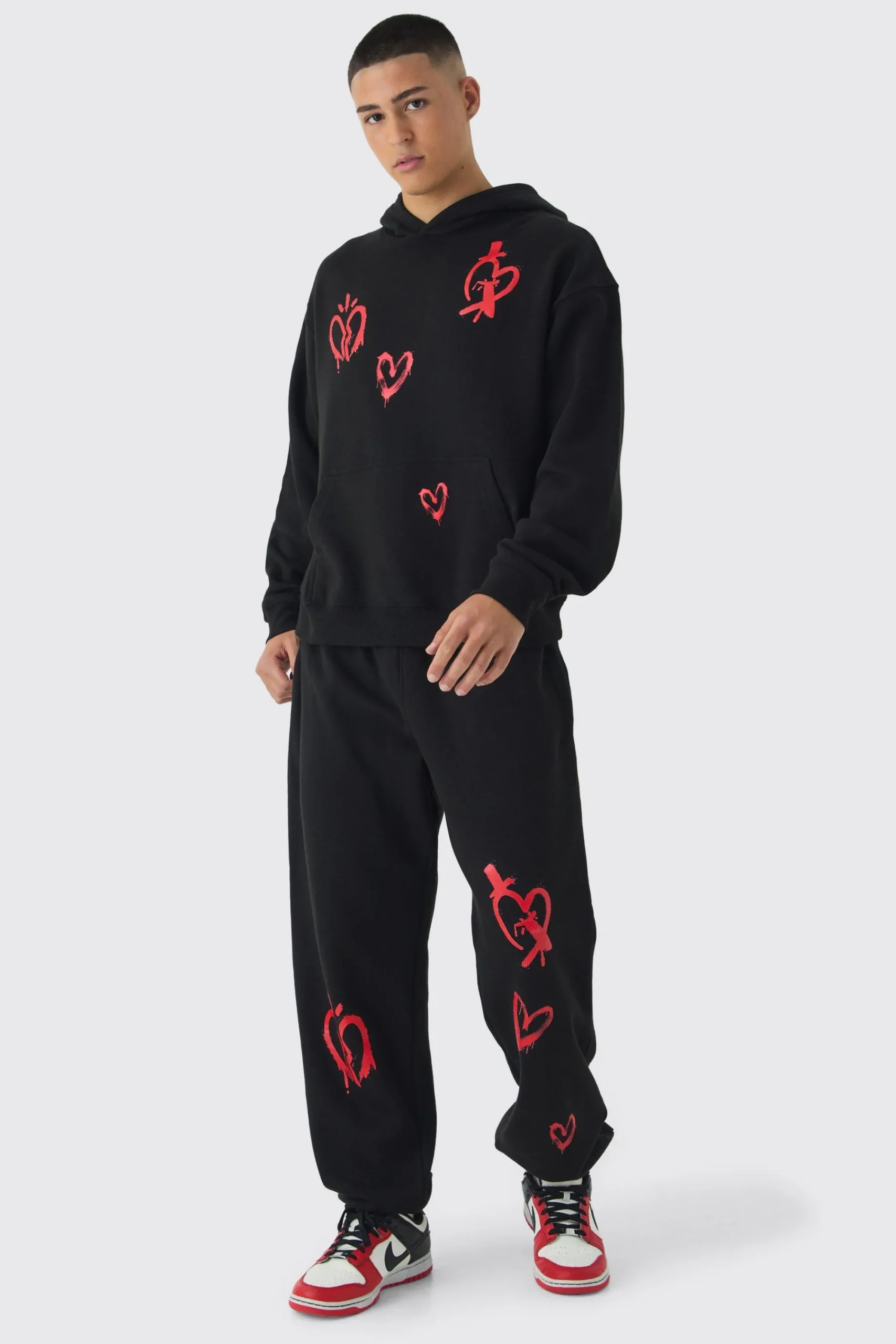 boohooMAN Oversized Boxy Heart Print Tracksuit | UK| Tracksuits