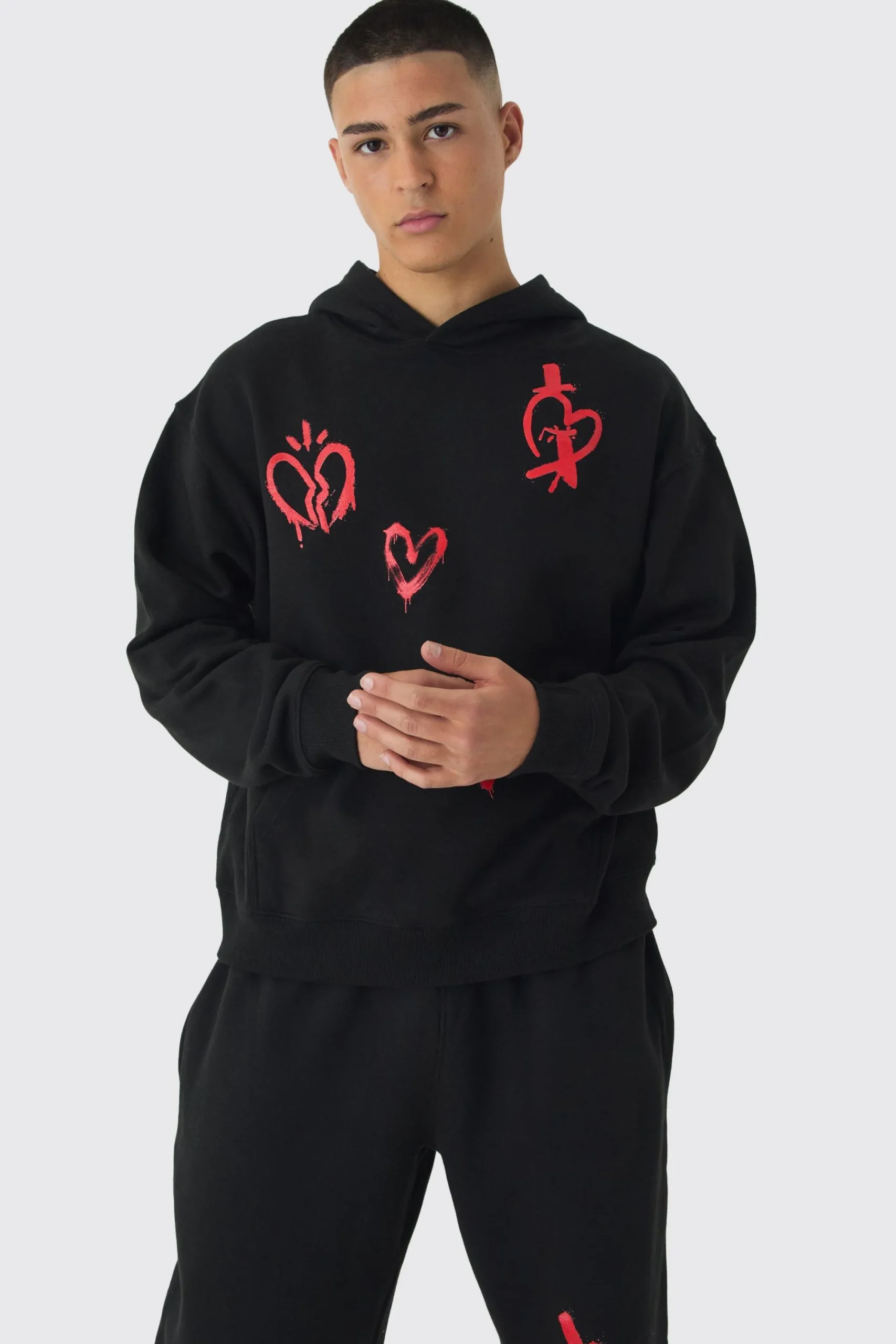 boohooMAN Oversized Boxy Heart Print Tracksuit | UK| Tracksuits