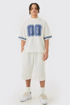 boohooMAN Oversized Boxy Heavyweight Waffle Varsity T-shirt & Short Set | UK| Sets & Co-Ords|Tracksuits