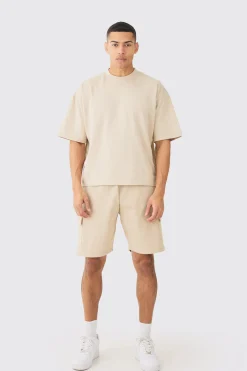 boohooMAN Oversized Boxy Heavyweight T-shirt & Ribbed Cargo Shorts Set | UK| Shorts|Sets & Co-Ords