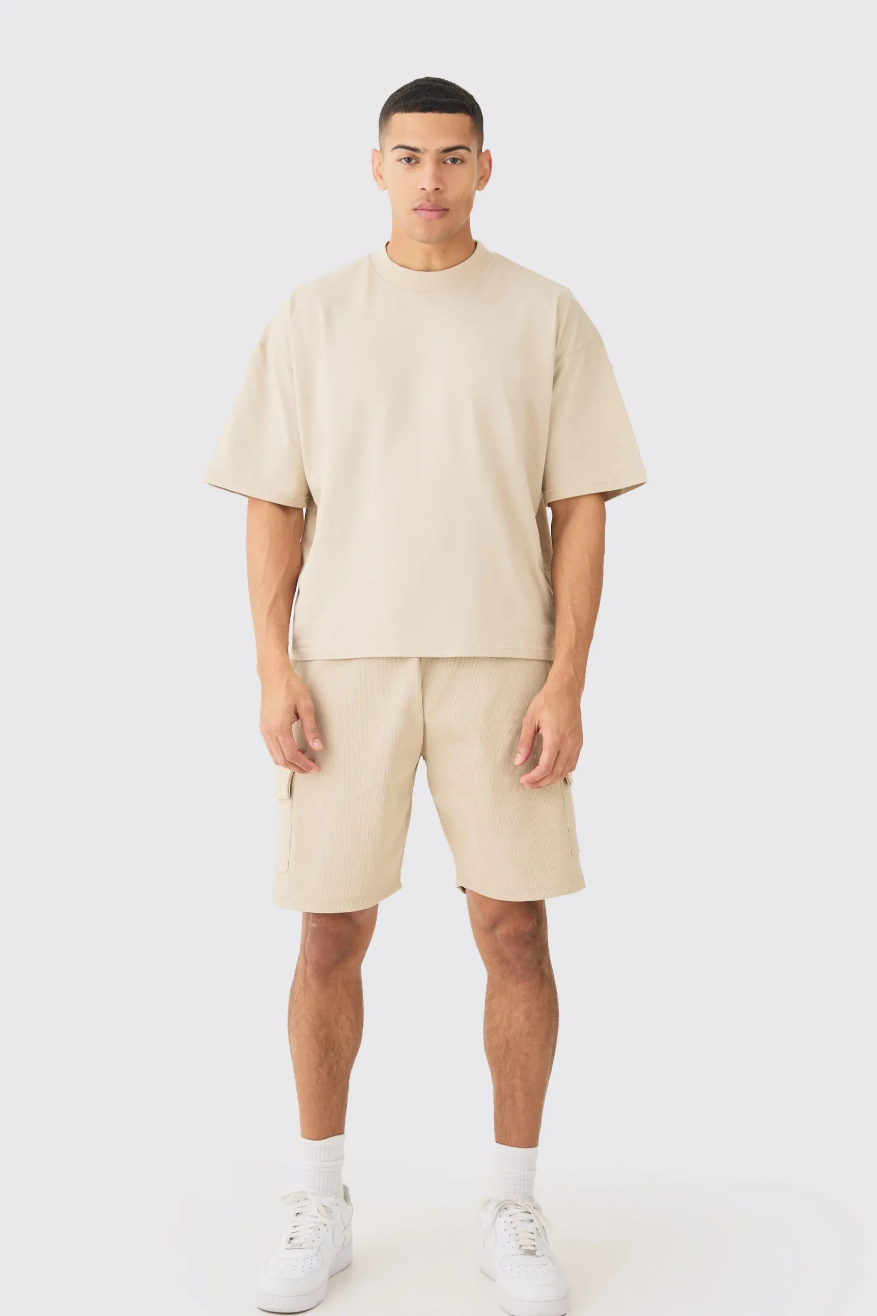boohooMAN Oversized Boxy Heavyweight T-shirt & Ribbed Cargo Shorts Set | UK| Shorts|Sets & Co-Ords
