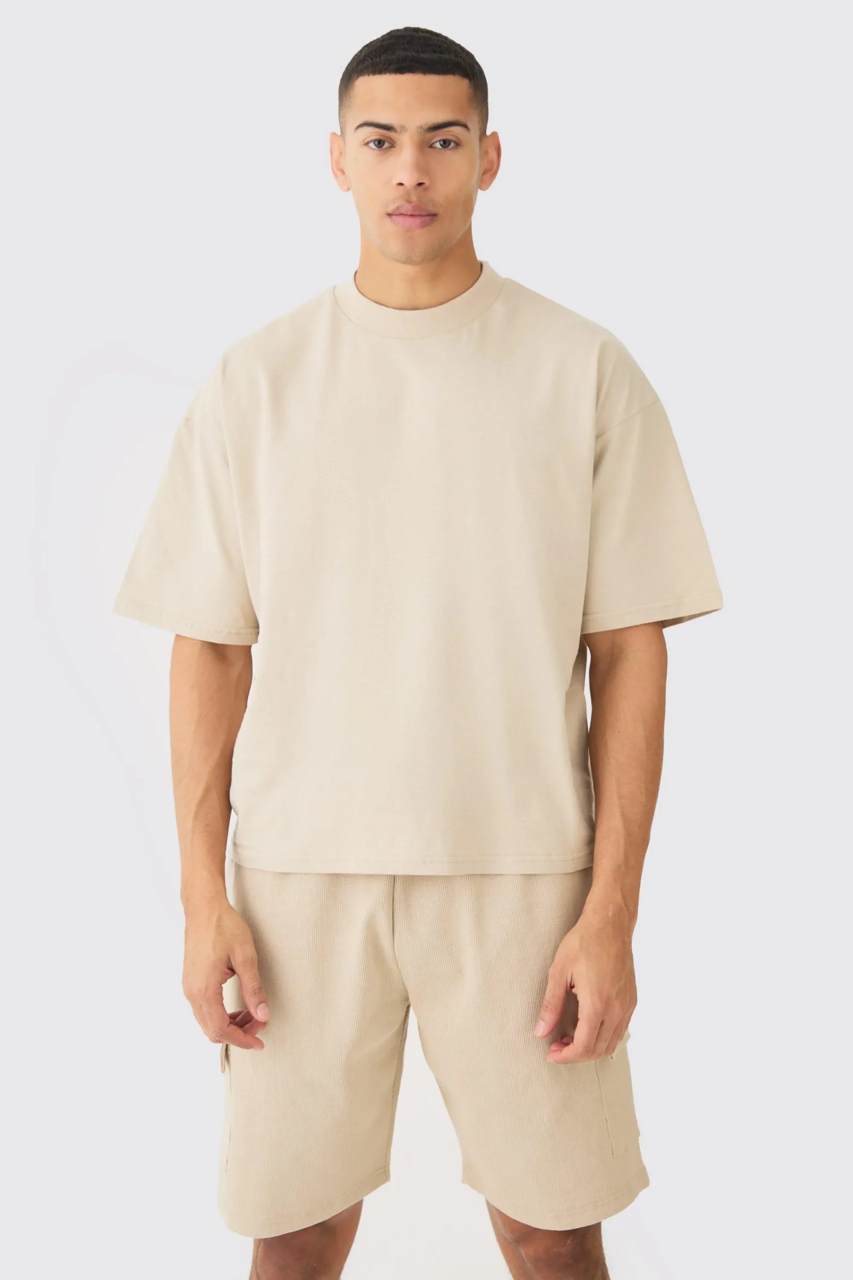 boohooMAN Oversized Boxy Heavyweight T-shirt & Ribbed Cargo Shorts Set | UK| Shorts|Sets & Co-Ords