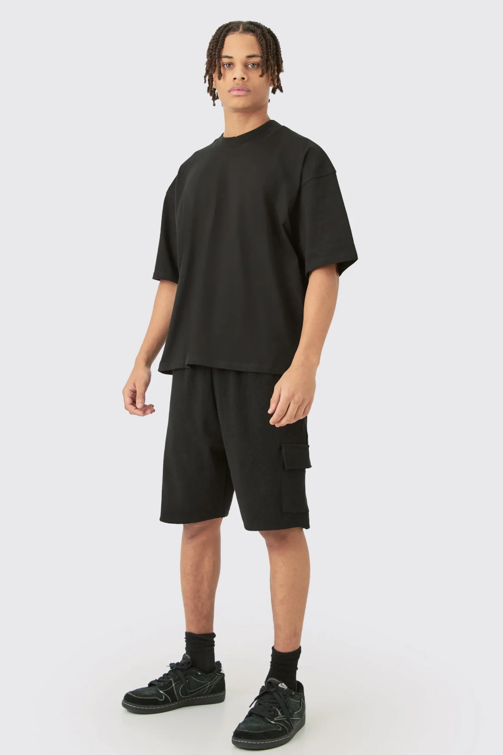 boohooMAN Oversized Boxy Heavyweight T-shirt & Ribbed Cargo Shorts Set | UK| Shorts|Sets & Co-Ords