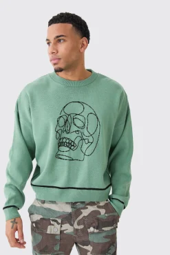 boohooMAN Oversized Boxy Line Drawing Contrast Stitch Jumper | UK| Knitwear