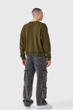 boohooMAN Oversized Boxy Line Drawing Contrast Stitch Jumper | UK| Knitwear