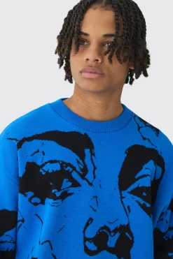 boohooMAN Oversized Boxy Line Face Knitted Jumper | UK| Knitwear