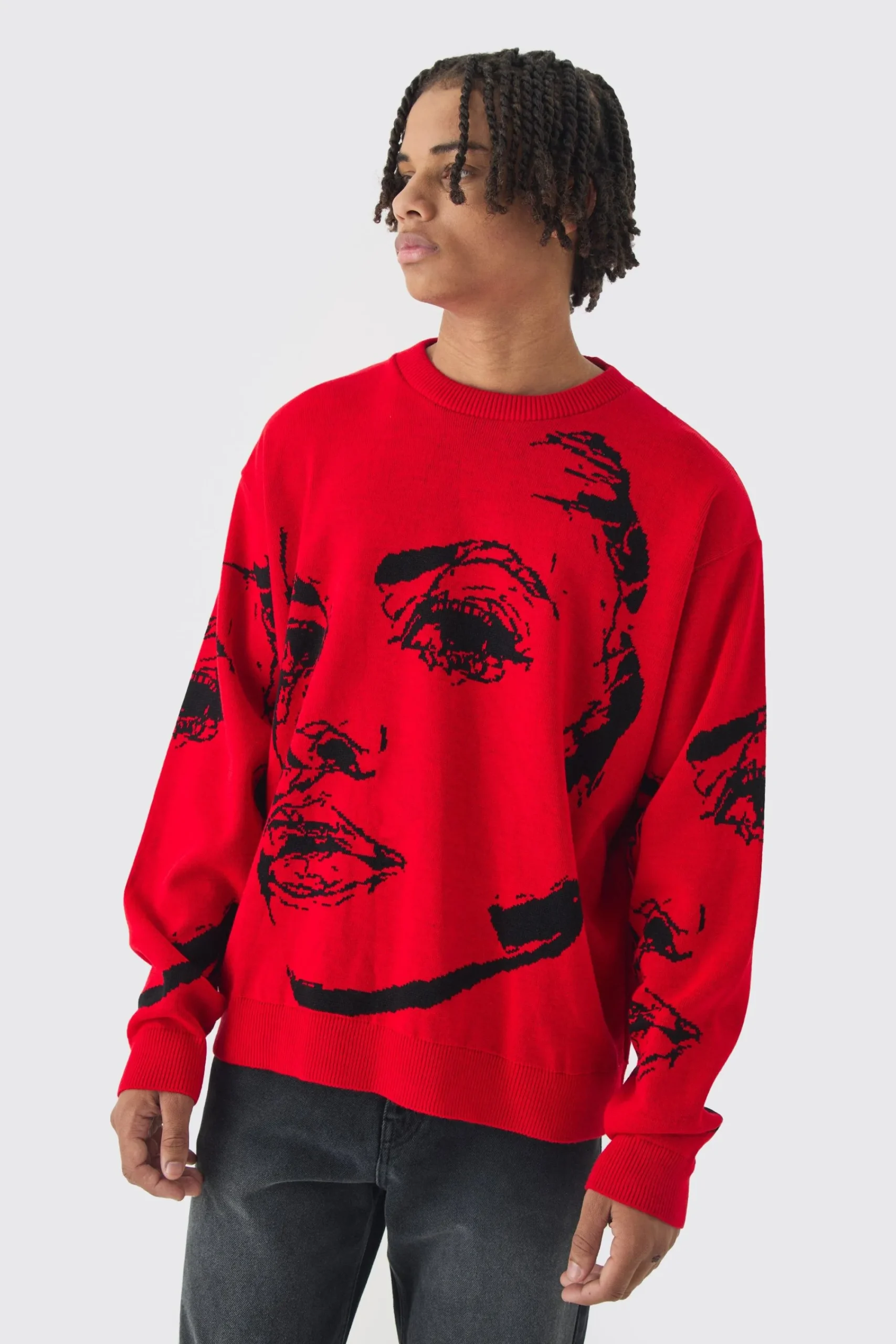 boohooMAN Oversized Boxy Line Face Knitted Jumper | UK| Knitwear
