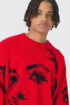 boohooMAN Oversized Boxy Line Face Knitted Jumper | UK| Knitwear